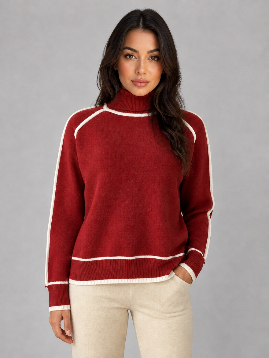Women’s Roll Neck Jumper – Soft Relaxed Knit Top — Red