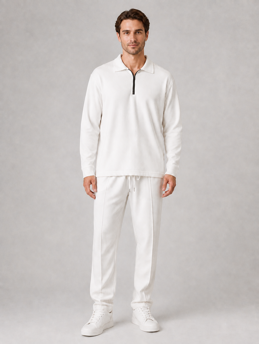 Men’s Two-Piece Quarter-Zip Polo & Trousers Set — White