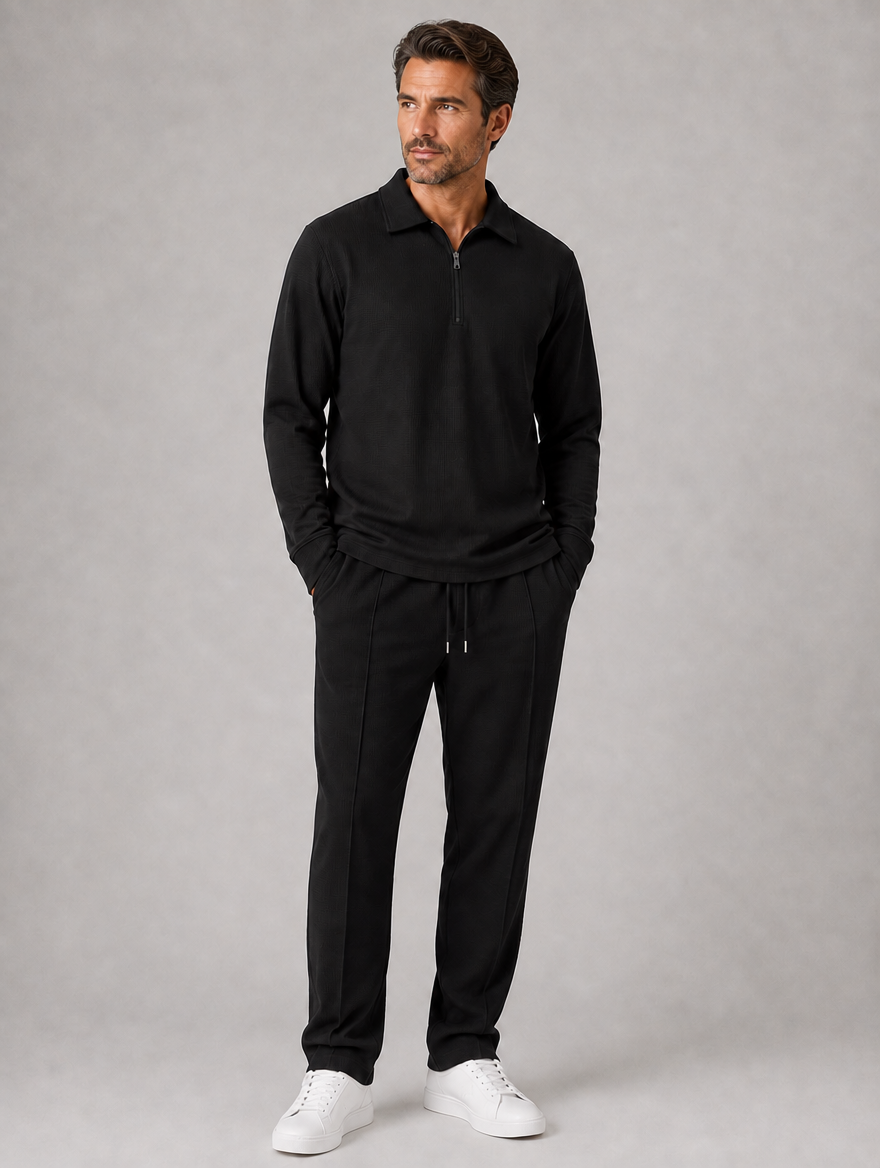 Men’s Two-Piece Quarter-Zip Polo & Trousers Set — Black