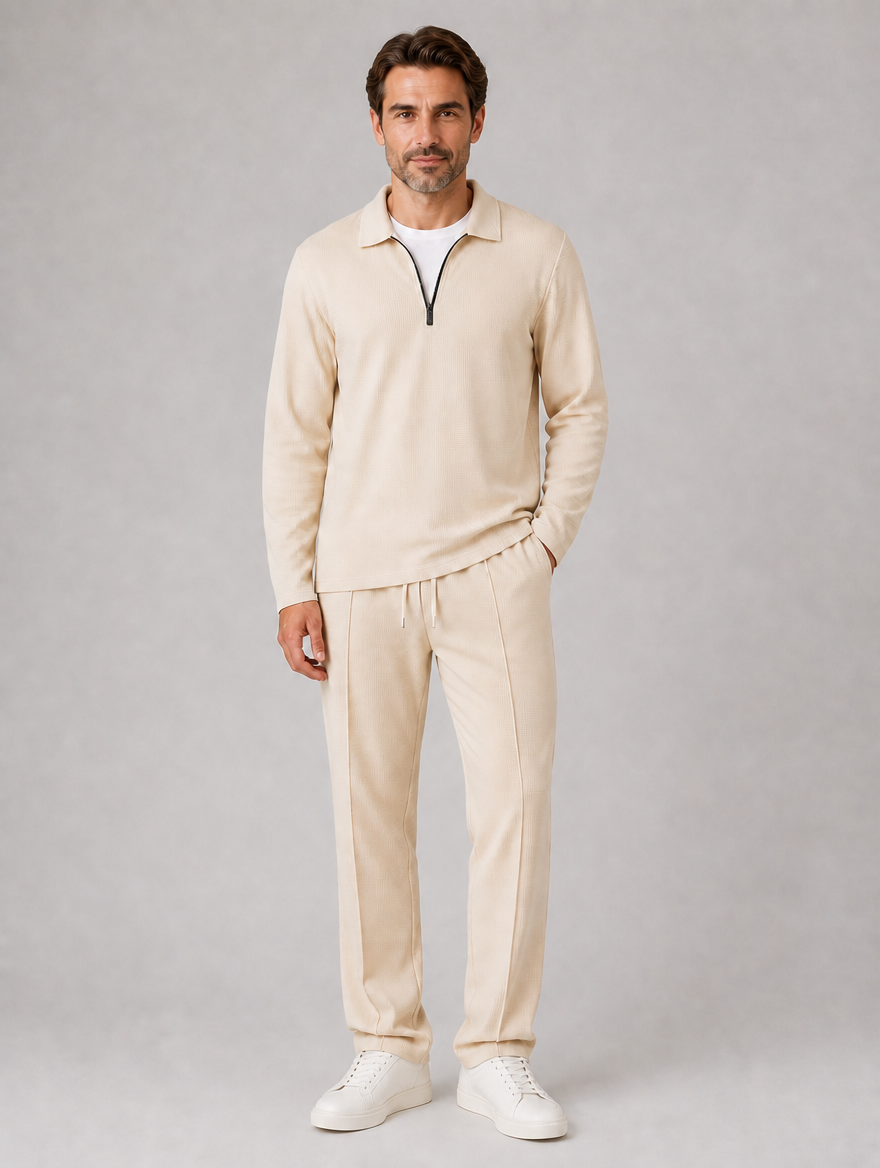 Men’s Two-Piece Quarter-Zip Polo & Trousers Set — Beige