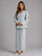 Women’s Two-Piece Skirt Suit – V-Neck Peplum Jacket & Maxi Pencil Skirt Set — Grey