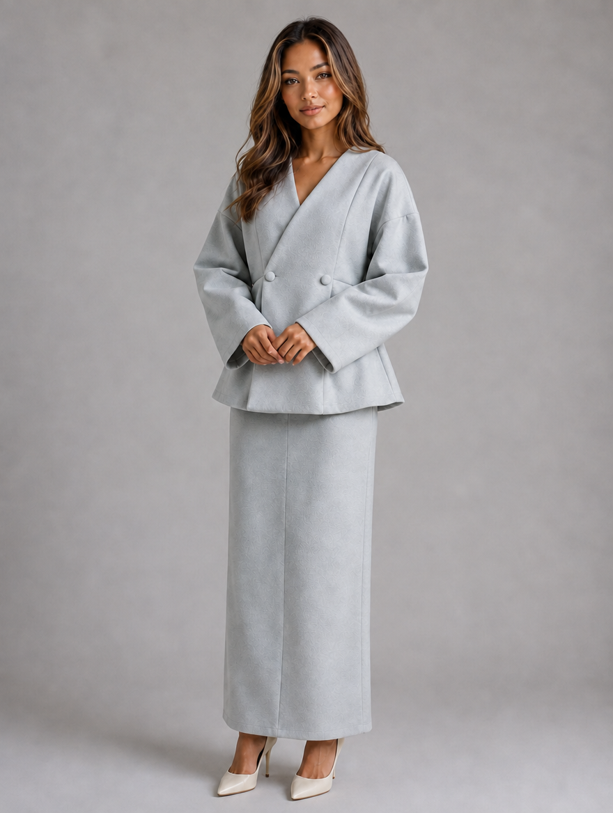 Women’s Two-Piece Skirt Suit – V-Neck Peplum Jacket & Maxi Pencil Skirt Set — Grey