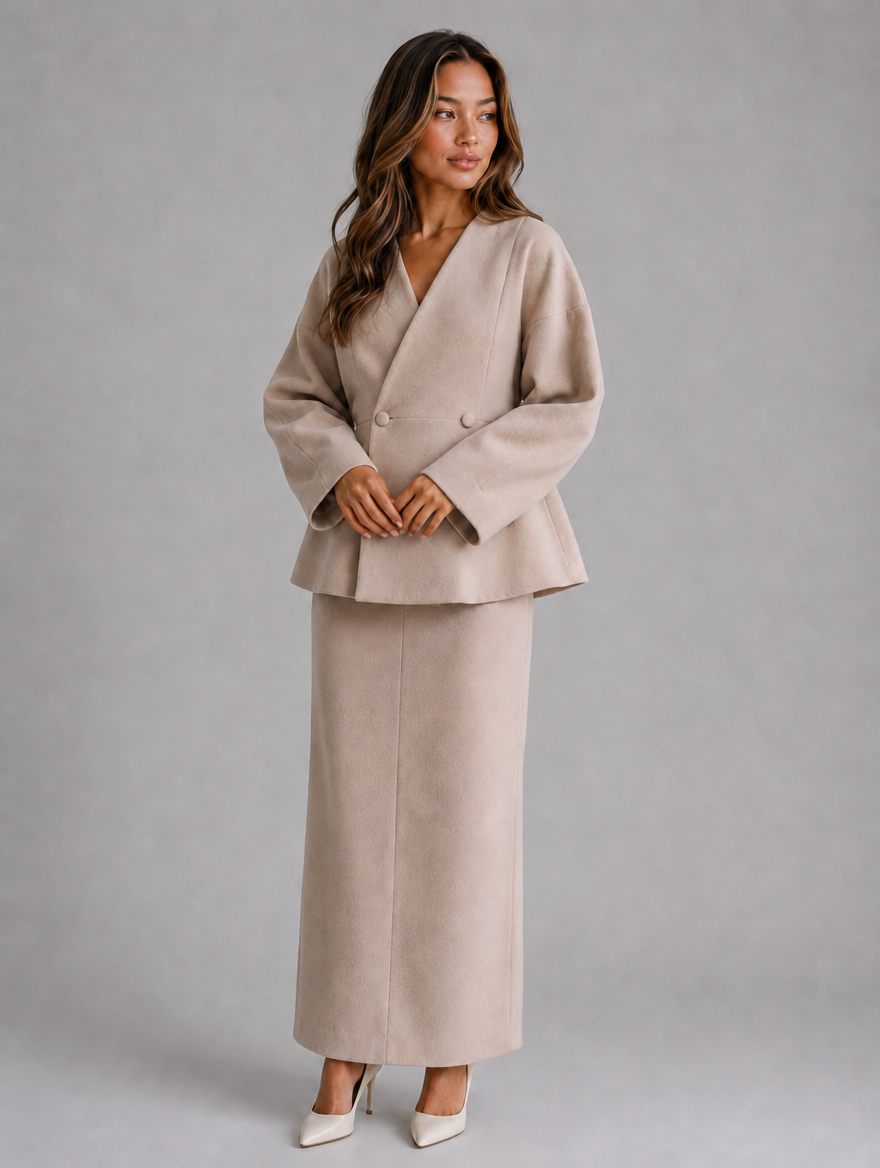 Women’s Two-Piece Skirt Suit – V-Neck Peplum Jacket & Maxi Pencil Skirt Set — Khaki