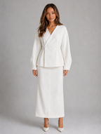 Women’s Two-Piece Skirt Suit – V-Neck Peplum Jacket & Maxi Pencil Skirt Set — White