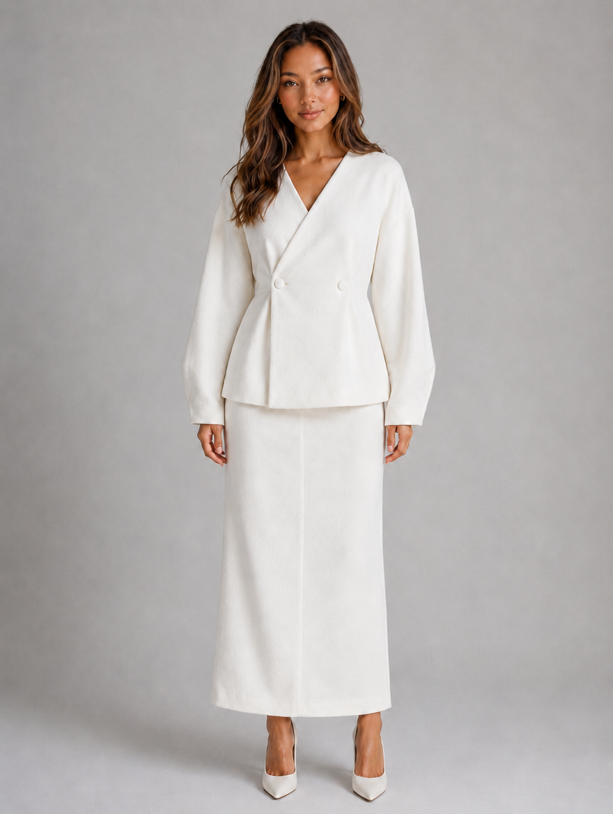 Women’s Two-Piece Skirt Suit – V-Neck Peplum Jacket & Maxi Pencil Skirt Set — White