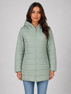Women’s Longline Quilted Puffer Coat – Hooded Fleece-Lined Winter Jacket — Light Green