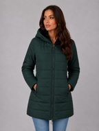 Women’s Longline Quilted Puffer Coat – Hooded Fleece-Lined Winter Jacket — Dark Green