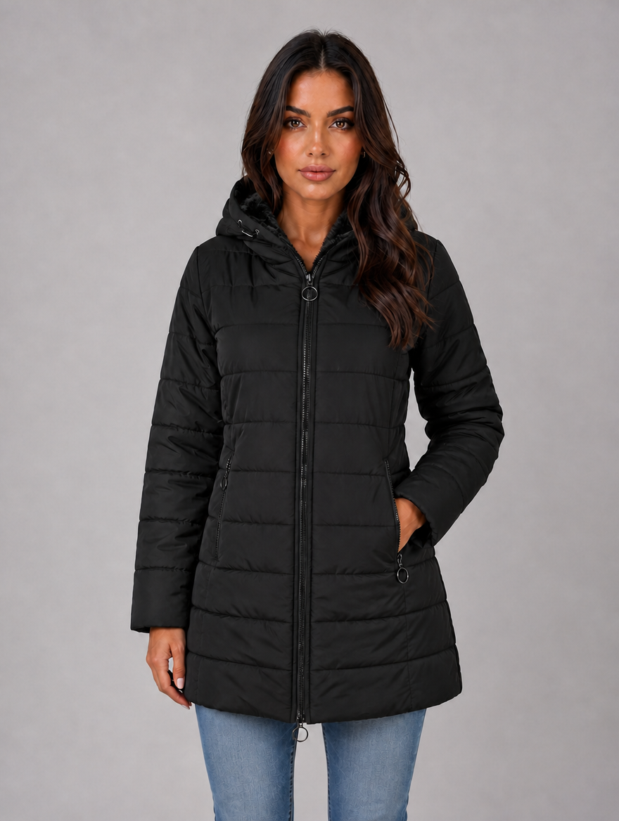 Women’s Longline Quilted Puffer Coat – Hooded Fleece-Lined Winter Jacket — Black