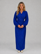 Women’s Flattering Wrap Maxi Dress – V-Neck Ruched Long Sleeve — Dark Blue