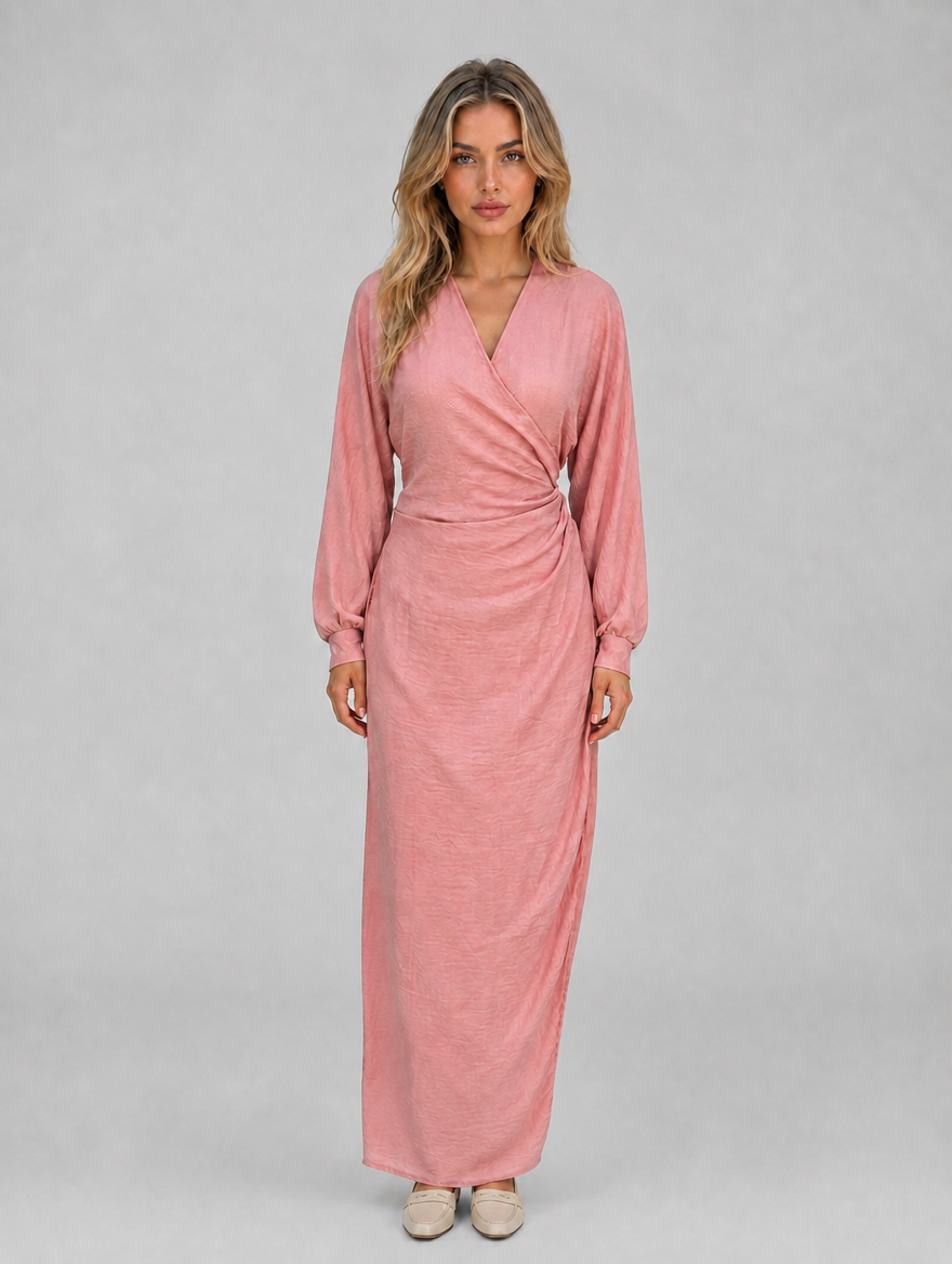 Women’s Flattering Wrap Maxi Dress – V-Neck Ruched Long Sleeve — Pink