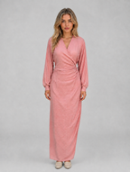 Women’s Flattering Wrap Maxi Dress – V-Neck Ruched Long Sleeve — Pink