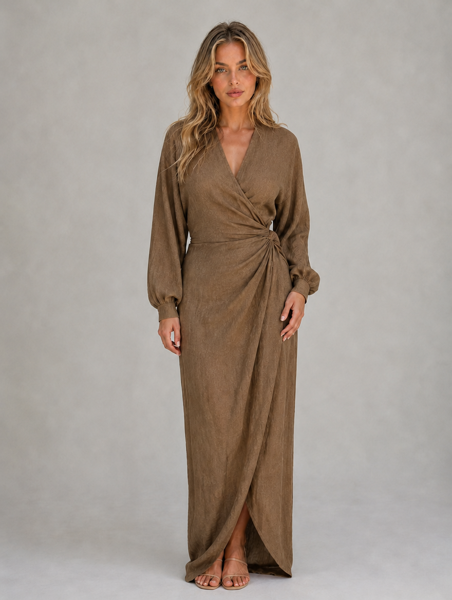 Women’s Flattering Wrap Maxi Dress – V-Neck Ruched Long Sleeve — Brown