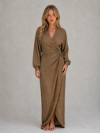 Women’s Flattering Wrap Maxi Dress – V-Neck Ruched Long Sleeve — Brown