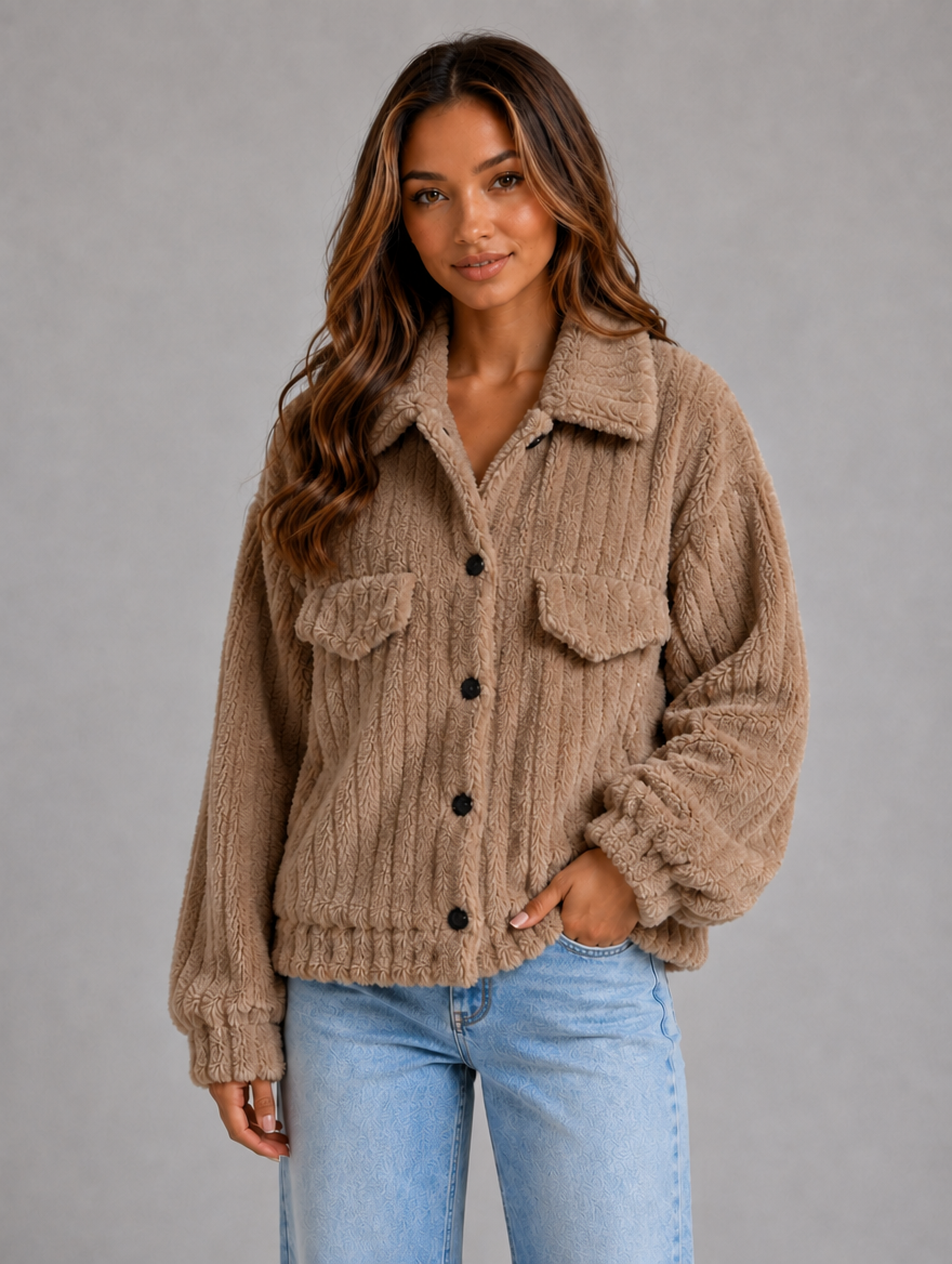 Women’s Plush Teddy Jacket – Button-Up Collared Fleece Cardigan — Camel
