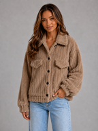 Women’s Plush Teddy Jacket – Button-Up Collared Fleece Cardigan — Camel