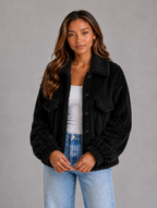 Women’s Plush Teddy Jacket – Button-Up Collared Fleece Cardigan — Black