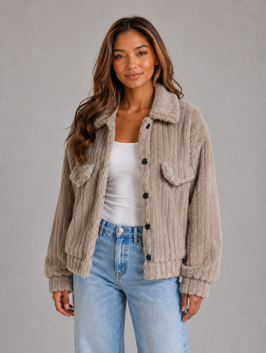 Women’s Plush Teddy Jacket – Button-Up Collared Fleece Cardigan — Taupe