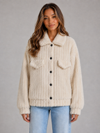 Women’s Plush Teddy Jacket – Button-Up Collared Fleece Cardigan — Cream