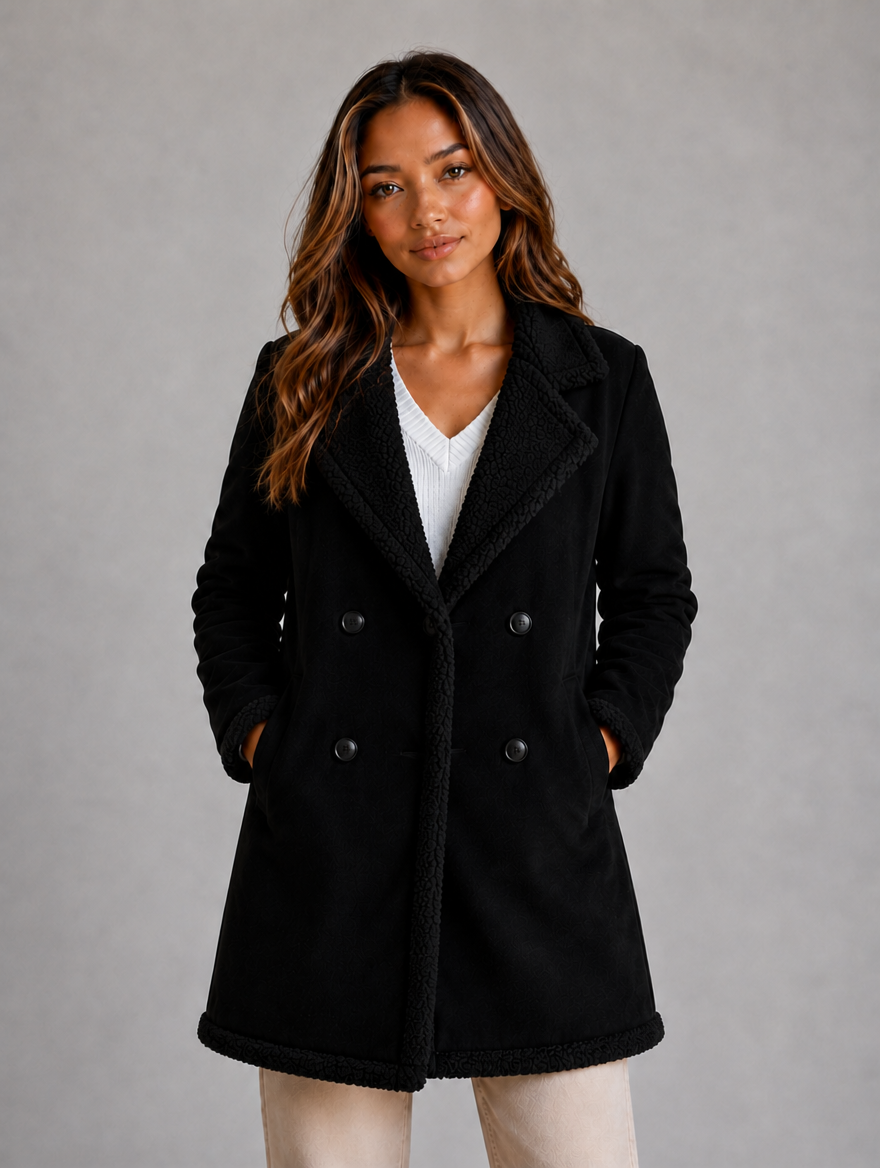 Women’s Suede Look Shearling Coat – Longline Teddy Trim Jacket — Black