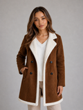 Women’s Suede Look Shearling Coat – Longline Teddy Trim Jacket — Brown