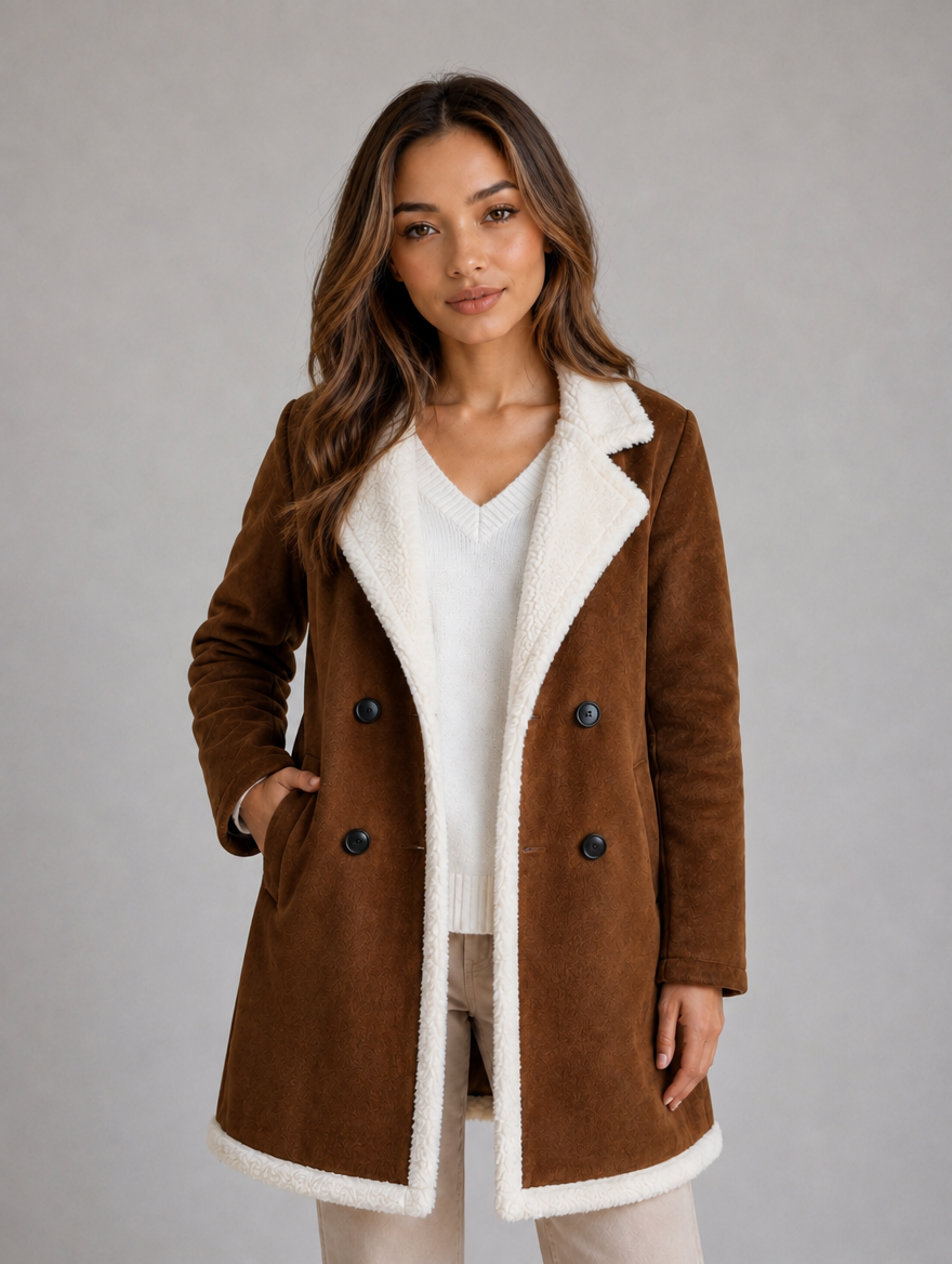 Women’s Suede Look Shearling Coat – Longline Teddy Trim Jacket — Brown