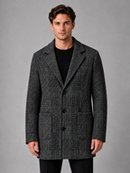 Men’s Tailored Longline Overcoat – Checked Single-Breasted Jacket — Charcoal