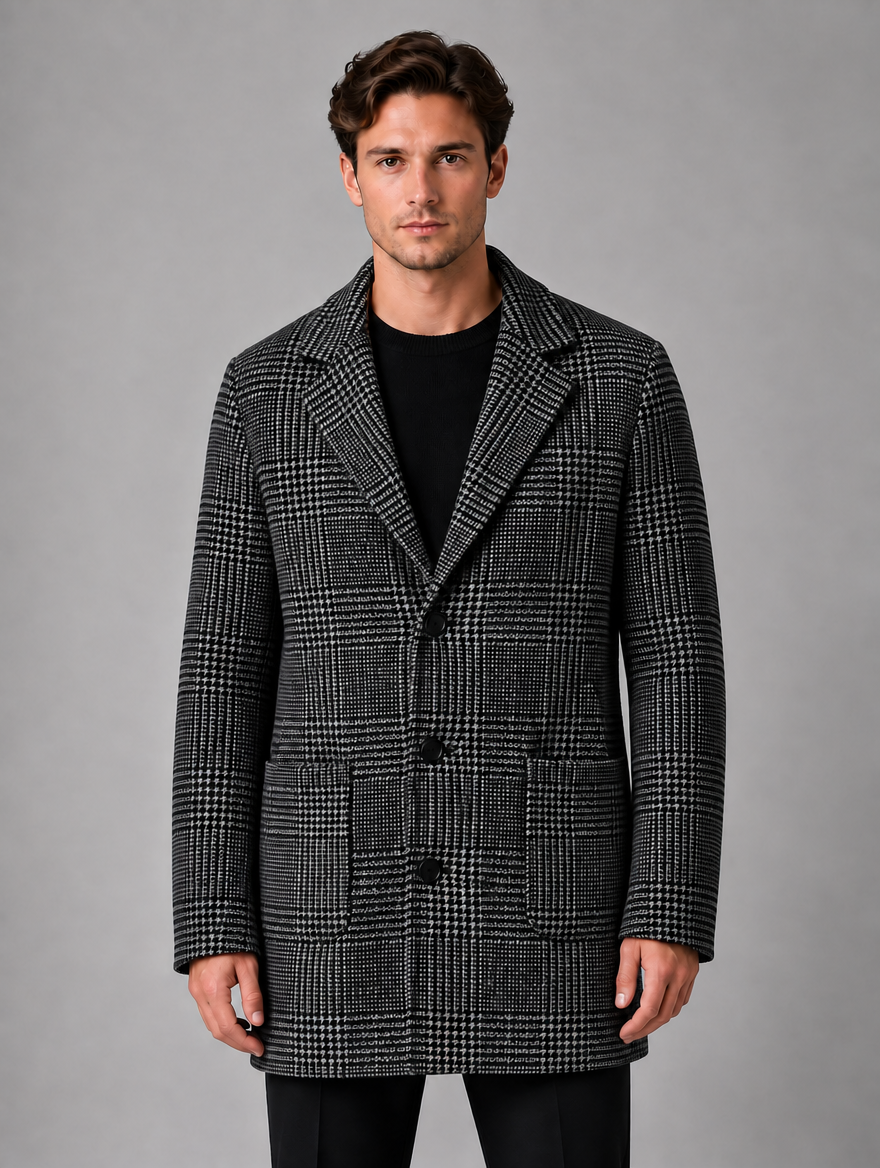 Men’s Tailored Longline Overcoat – Checked Single-Breasted Jacket — Charcoal