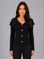 Women’s Ribbed Knit Cardigan – Gold Button Cape Collar Jumper — Black