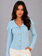 Women’s Ribbed Knit Cardigan – Gold Button Cape Collar Jumper — Light Blue