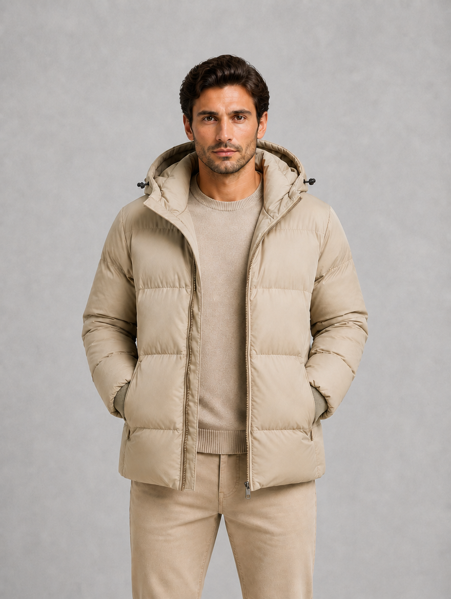 Men's Hooded Puffer Jacket — Beige
