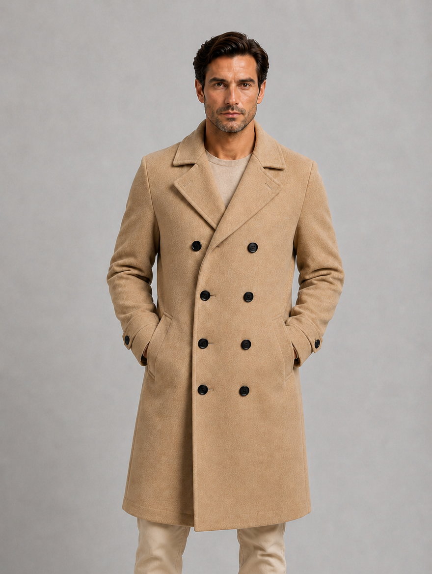 Men's Tailored Double Breasted Long Coat — Beige