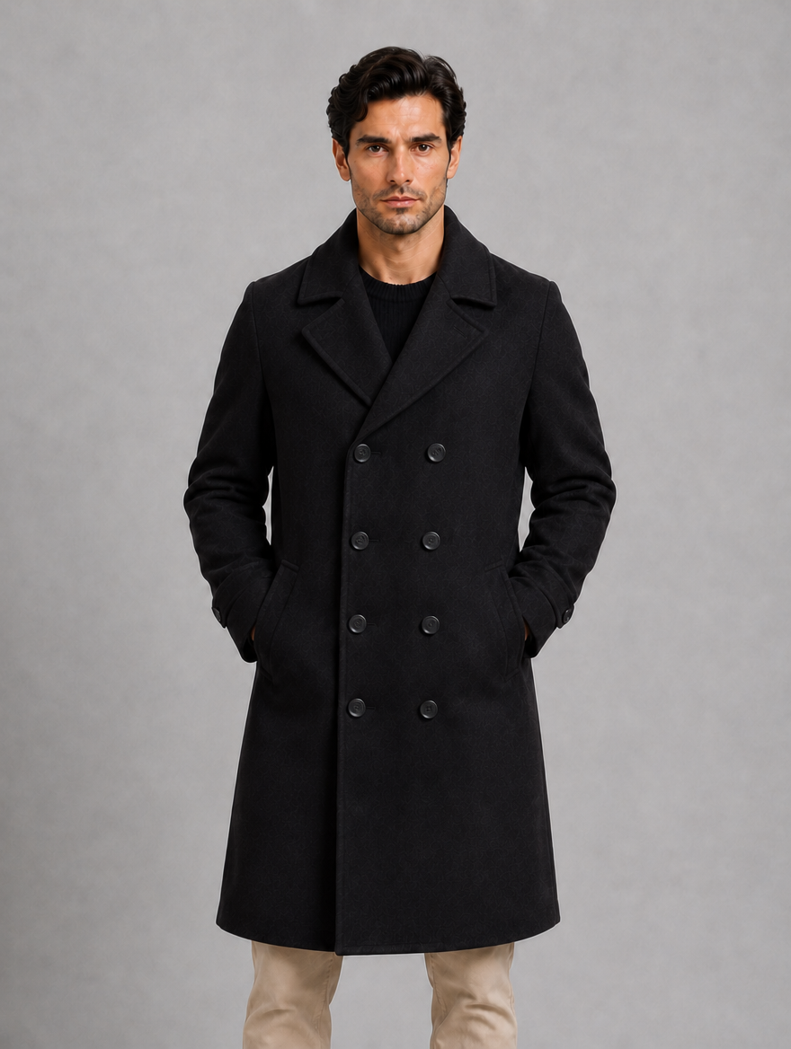 Men's Tailored Double Breasted Long Coat — Black