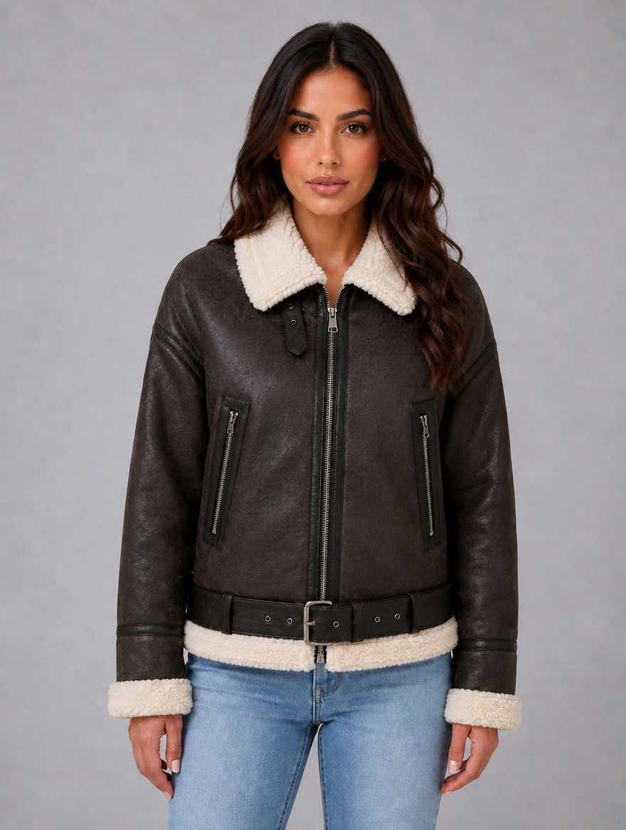 Women's Suede Look Cropped Aviator Jacket — Brown