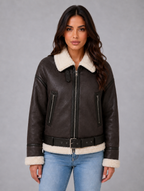 Women's Suede Look Cropped Aviator Jacket — Brown