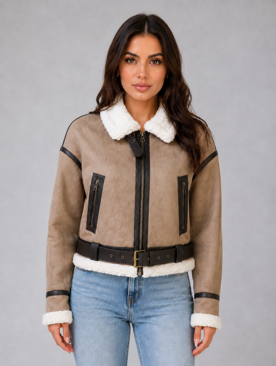 Women's Suede Look Cropped Aviator Jacket — Khaki
