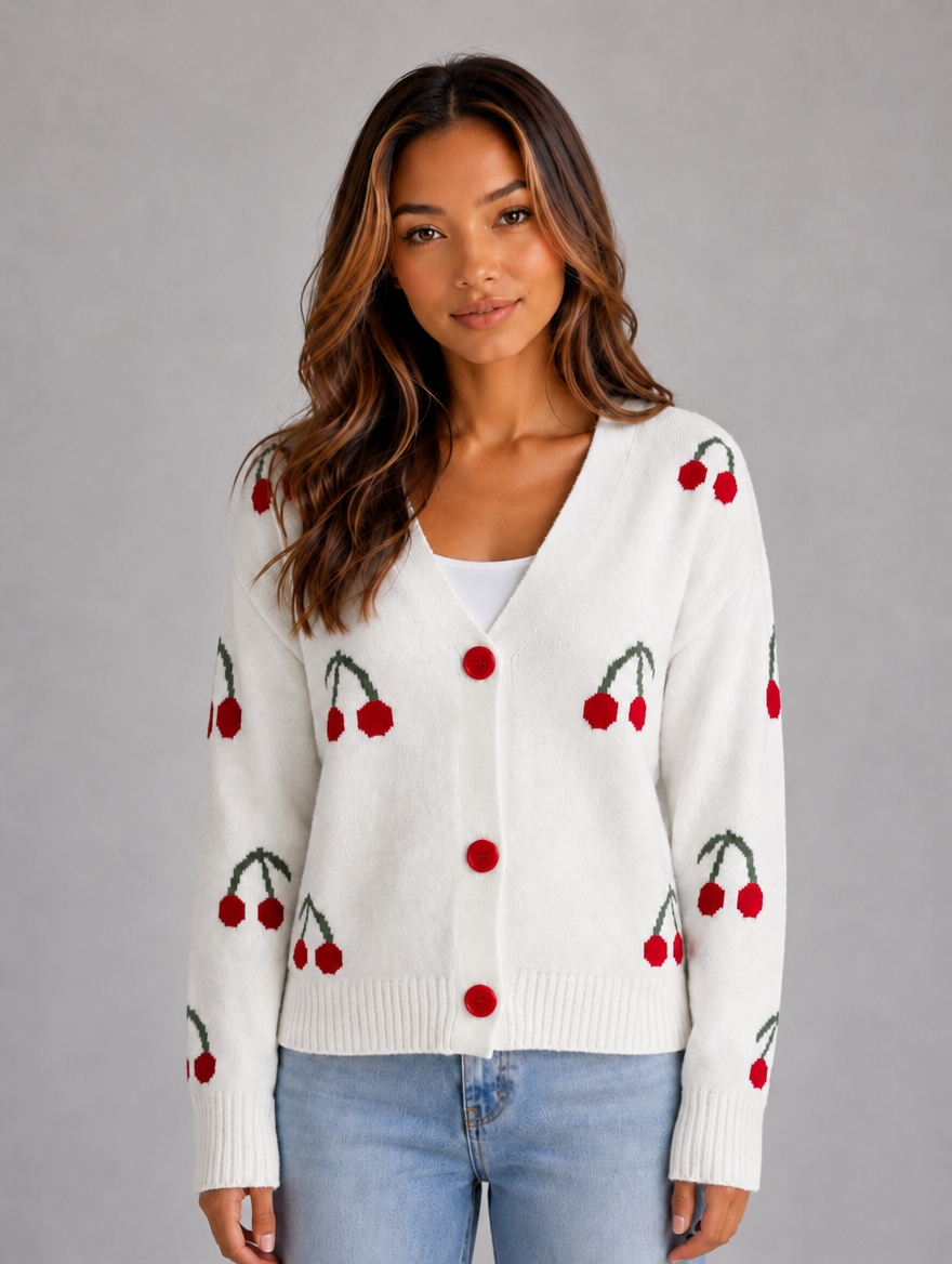 Women's Cherry Print Cardigan — White