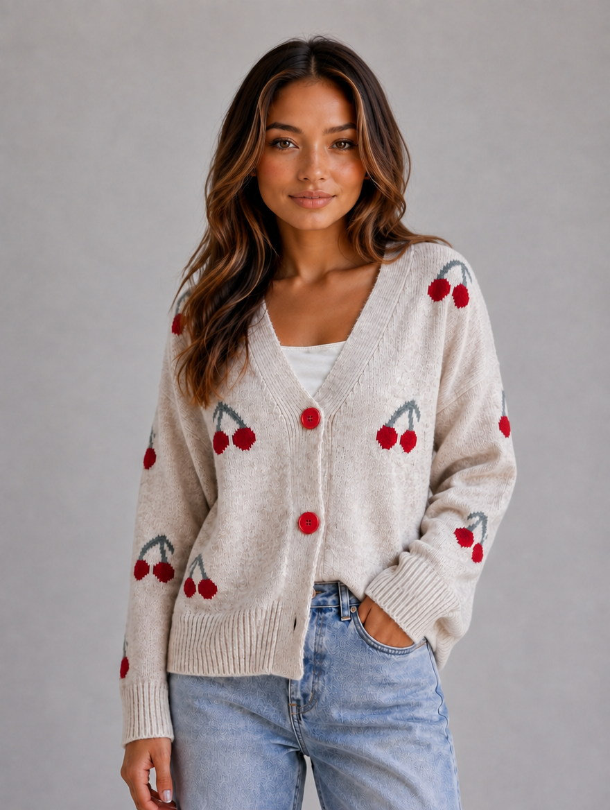 Women's Cherry Print Cardigan — Oatmeal