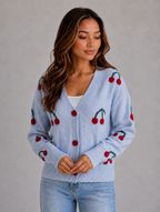 Women's Cherry Print Cardigan — Light Blue