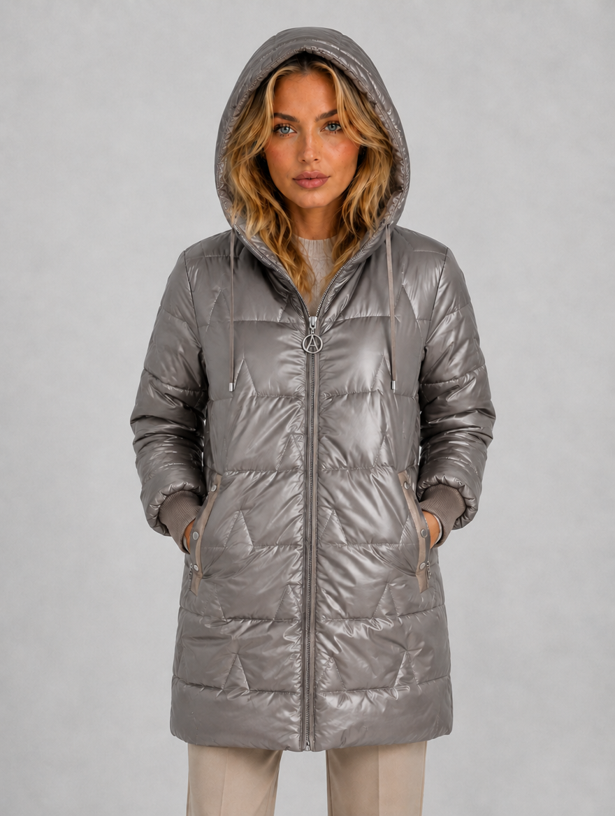 Women's Longline Hooded Puffer Coat – Quilted Winter Jacket — Grey