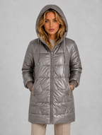 Women's Longline Hooded Puffer Coat – Quilted Winter Jacket — Grey