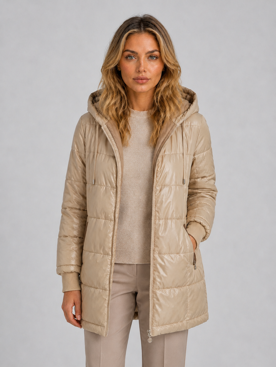 Women's Longline Hooded Puffer Coat – Quilted Winter Jacket — Beige