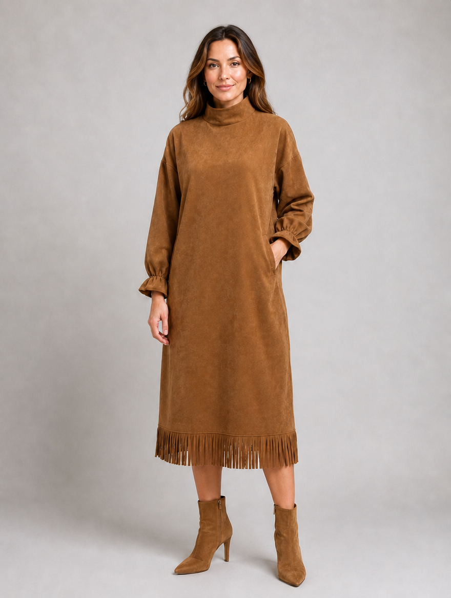 Women's Suede Look Midi Dress – High Neck Fringe Hem — Khaki