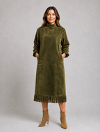 Women's Suede Look Midi Dress – High Neck Fringe Hem — Olive Green