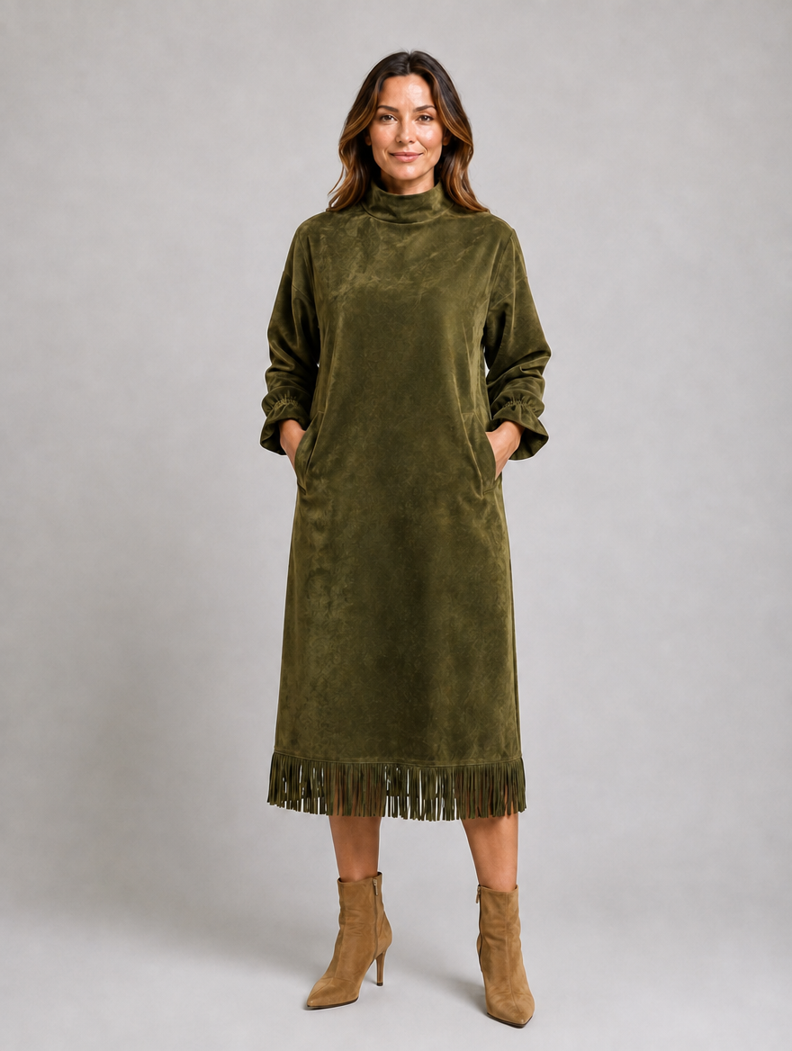 Women's Suede Look Midi Dress – High Neck Fringe Hem — Olive Green