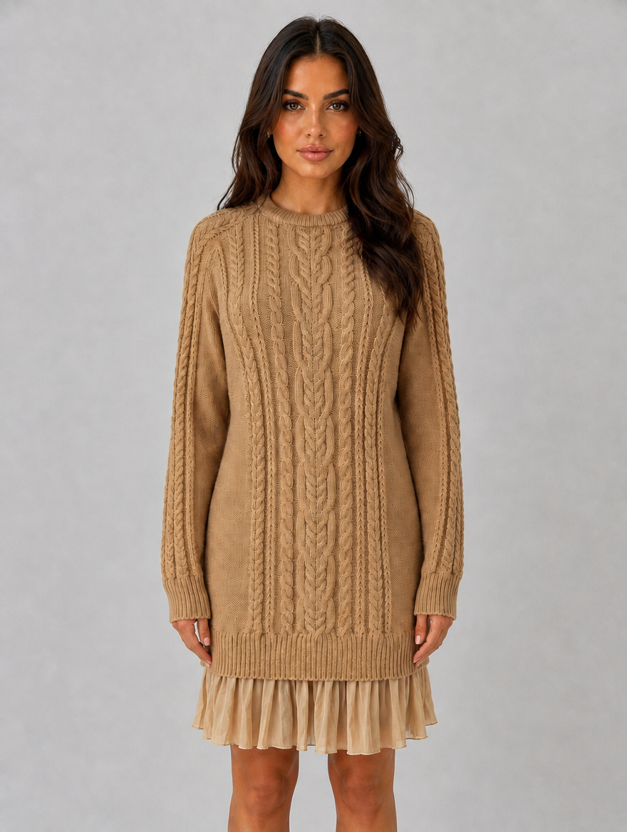 Women's Cable Knit Jumper Mini Dress – Pleated Hem Long Sleeve — Khaki