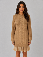 Women's Cable Knit Jumper Mini Dress – Pleated Hem Long Sleeve — Khaki