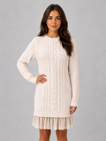 Women's Cable Knit Jumper Mini Dress – Pleated Hem Long Sleeve — Cream