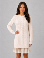 Women's Cable Knit Jumper Mini Dress – Pleated Hem Long Sleeve — Cream