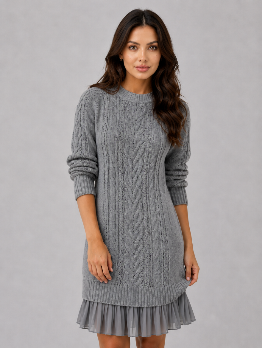 Women's Cable Knit Jumper Mini Dress – Pleated Hem Long Sleeve — Grey