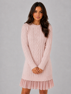 Women's Cable Knit Jumper Mini Dress – Pleated Hem Long Sleeve — Pink
